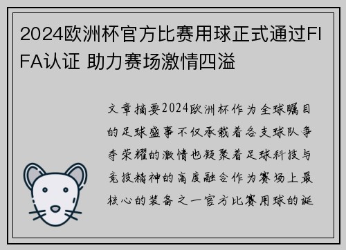 2024欧洲杯官方比赛用球正式通过FIFA认证 助力赛场激情四溢