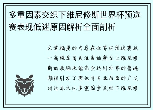 多重因素交织下维尼修斯世界杯预选赛表现低迷原因解析全面剖析